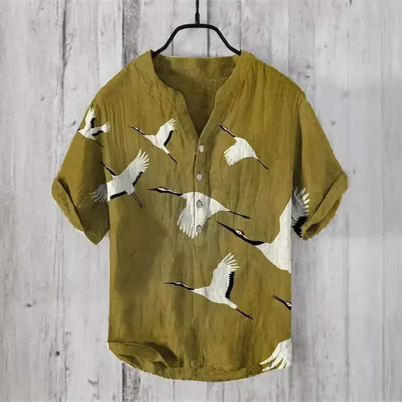 2024 New Hawaiian Short Sleeve Shirt 3D Printed Bamboo Linen Casual Loose Pullover Buttoned Men's Shirt