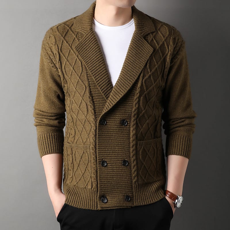 2023 Men's New Thickened Suit Collar Sweater Youth Fashion Long Sleeve Warm and Trendy Knitted Cardigan