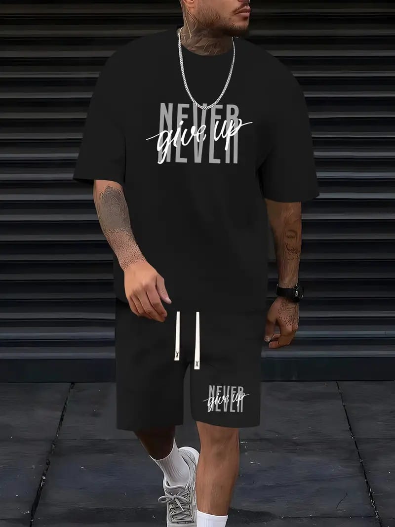 Summer Men's T-shirt Set Fashion Simple Letter Print Men's T-shirt Short Sleeve + Shorts Two Piece Oversized Casual Sports Men's