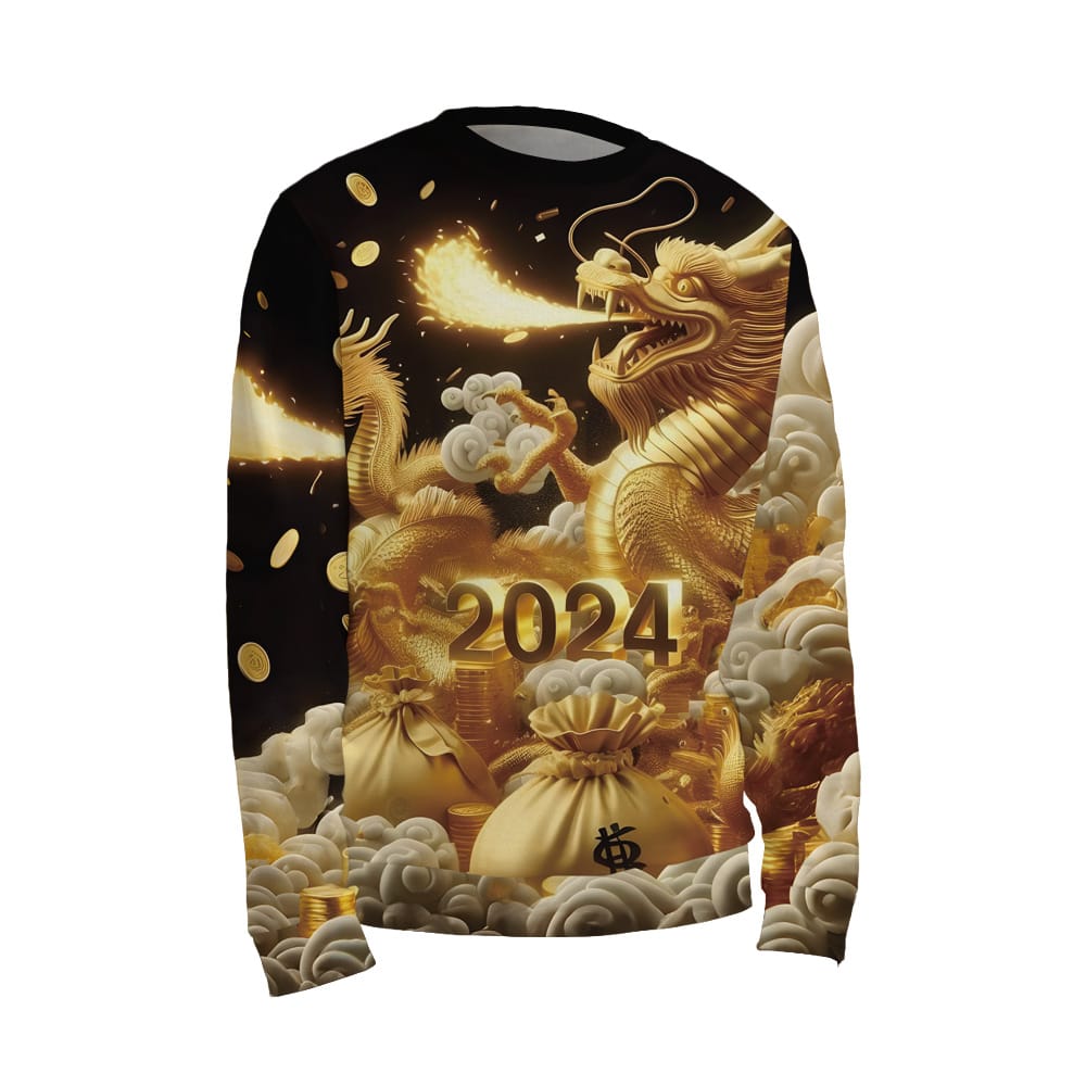 2024 New Year Men's Dragon Sweatshirt Pull On All Body 3D Digital Printing Casual Clothing Crew Neck Long Sleeve Gold Money Top
