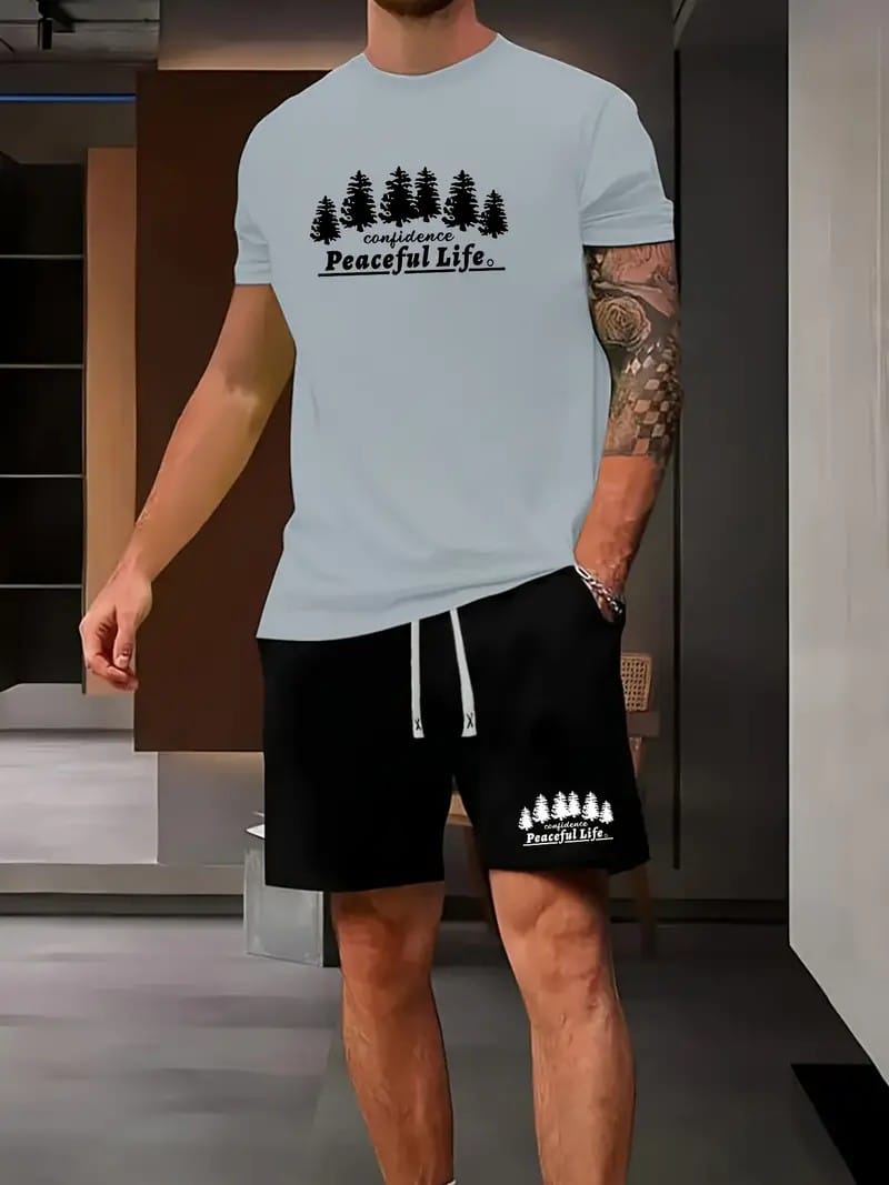 Men's short-sleeved shorts summer short-sleeved suit Men's T-shirt Trendy printing round neck Men's suit with Sports two-piece