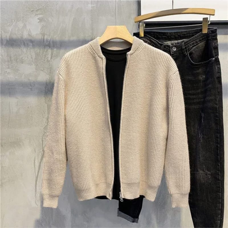 Korean Autumn Men's 2024 New Patchwork O-Neck Zipper Fashion Solid Color Screw Thread Loose Casual Knitted Long Sleeved Jacket