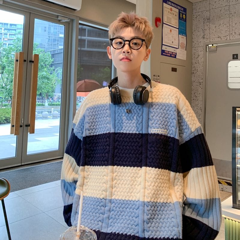 Hong Kong Style Couple Sweater Men's Winter Contrast Thick Thread Knitted Shirt Coat Loose and Lazy Style Knitted Shirt ropa