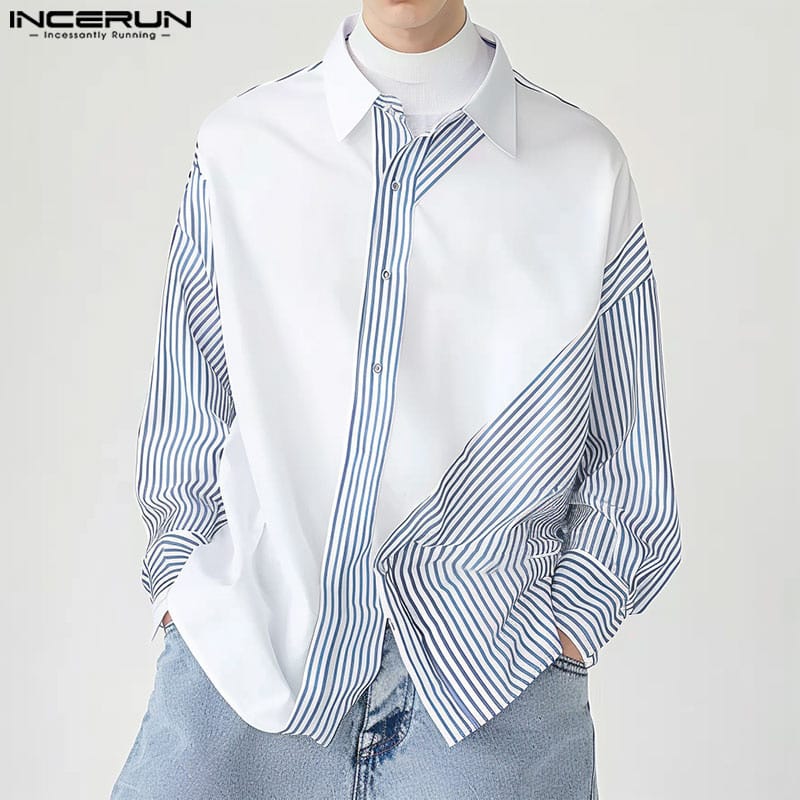 Handsome Well Fitting Tops INCERUN Men's Irregular Striped Design Blouse Leisure Simple All-match Long Sleeved Lapel Shirt S-5XL