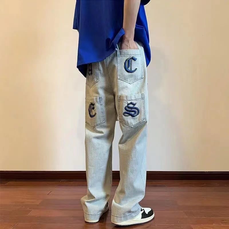 Embroidered drawstring jeans y2k retro men's loose street hip-hop mopping pants trend straight casual printing fashion trousers