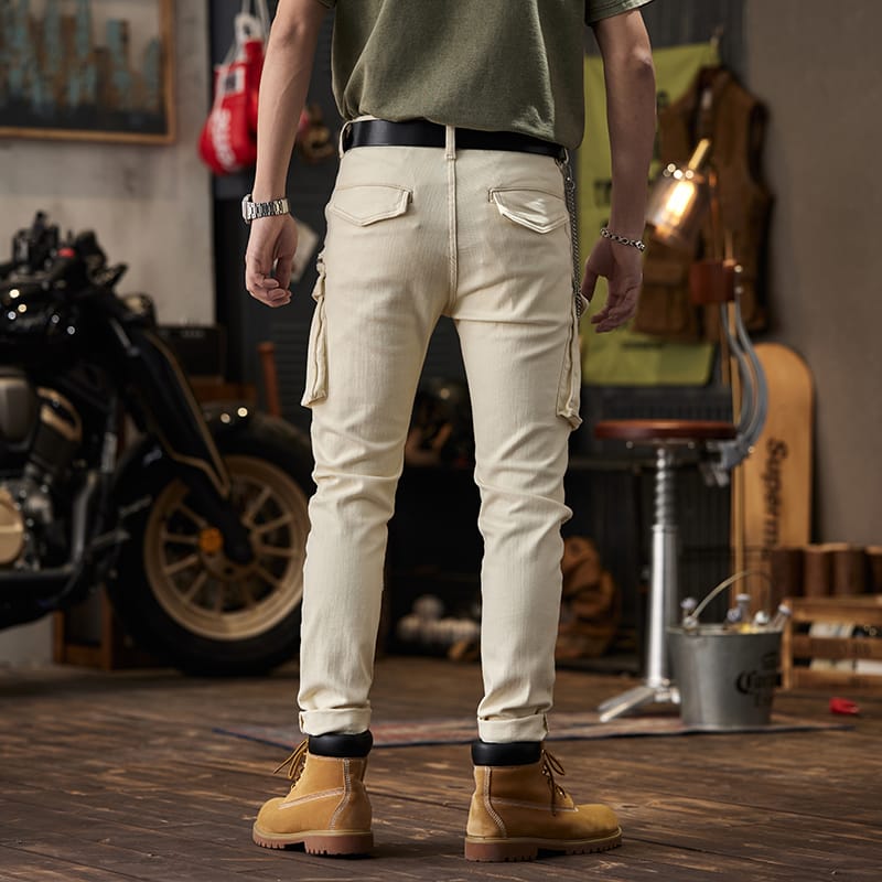 Beige motorcycle jeans men's business shirt fashionable slim-fit stretch multi-pocket fashionable casual motorcycle trousers
