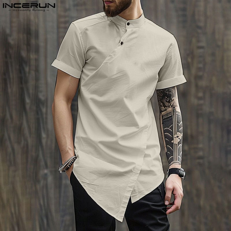 Handsome Well Fitting Tops INCERUN Men's Slanted Placket Irregular Hem Shirts Casual Male Stand Neck Short Sleeved Blouse S-5XL