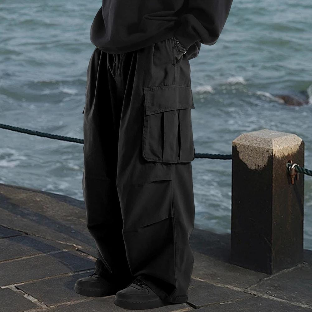 Multi Pockets Men Trousers Men Cargo Pants Vintage Wide Leg Men's Cargo Pants with Multi Pockets Elastic Waist Hop Streetwear