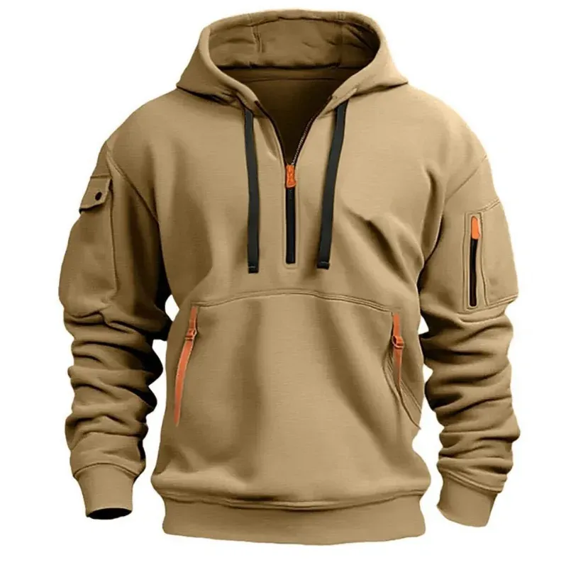 2024 Men's Hooded Sweater Leisure Sports Pullover Retro Harajuku Long Sleeve Zipper Multi-pocket Casual Loose Coat Street Wear