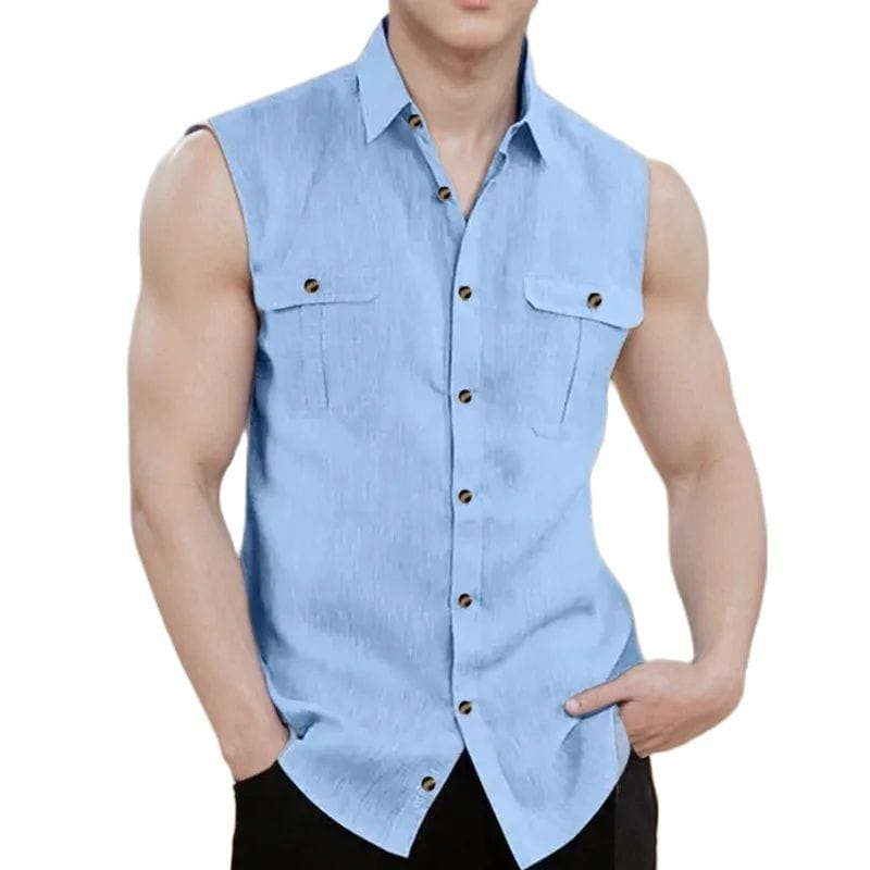 Men's Linen Shirt Summer Shirt Beach Top Black Wine Blue Sleeveless Solid Color Hawaiian  Tee  Collar  Sweatshirt Clothing