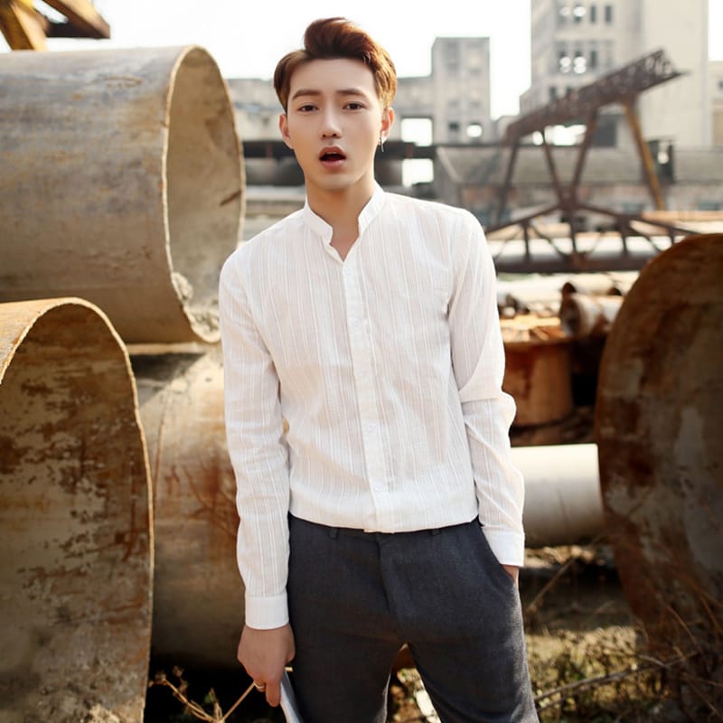 High-quality Men's Stand-up Collar Striped Shirt, Slim-fit Business Casual White Shirt, Daily Casual Breathable Shirt M-3XL