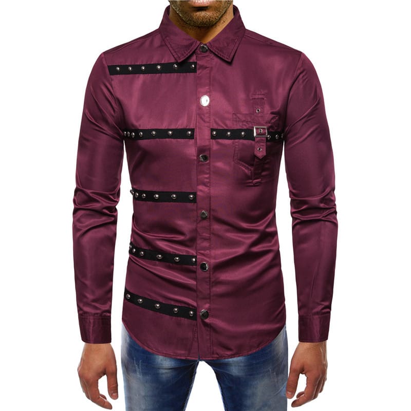 New Men's Shirt Vintage Rivet Stripe Lapel Long Sleeve Slim Shirts Streetwear Man Gothic Evening Dress Shirts Ropa Gotica Hombre