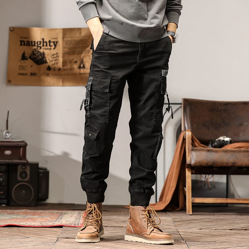 Men's Cotton Loose Sports Casual Pants Fashion Multi-Pocket Simple Binding Feet zipper Hip Pop Streetwear Cargo Pants Jogger Men