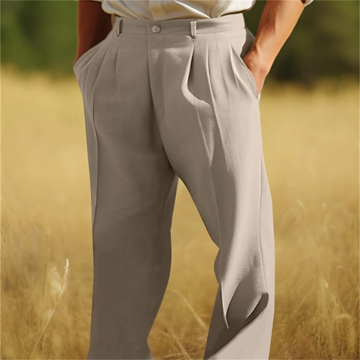 Men'S Linen Double Pleated Front Pocket Straight Tube Plain Comfortable Breathable Casual Pants 10 Memory Foam