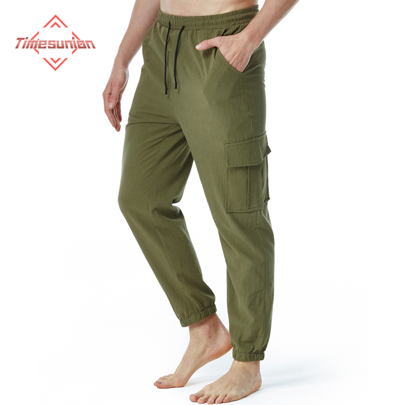 Men's Cotton Linen Cargo Pants Thin Section Elastic Waist Casual Pants Man Yoga Pants Home Pants