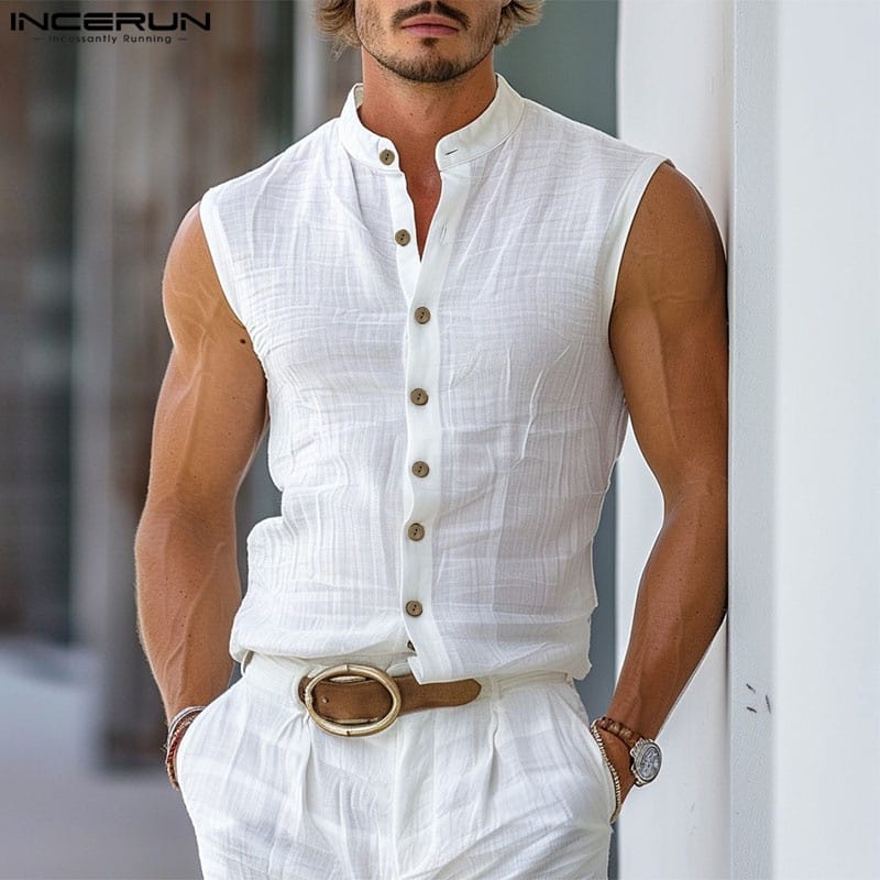 Handsome Well Fitting Tops INCERUN 2024 Men's Solid Stand Collar Design Sleeveless Shirts Summer Casual Streetwear Blouse S-5XL