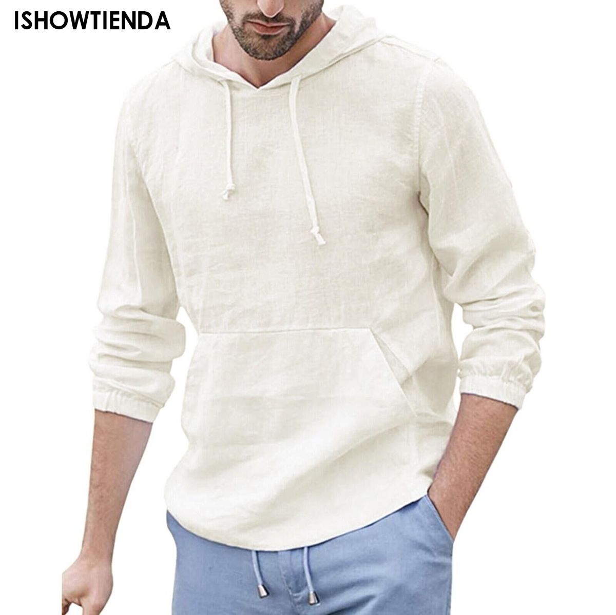 Autumn/winter Men's Hooded Casual Cotton Linen Solid Color Long Sleeved Pullover Hoodie Tops Kpop Streetwear Sweatshirts