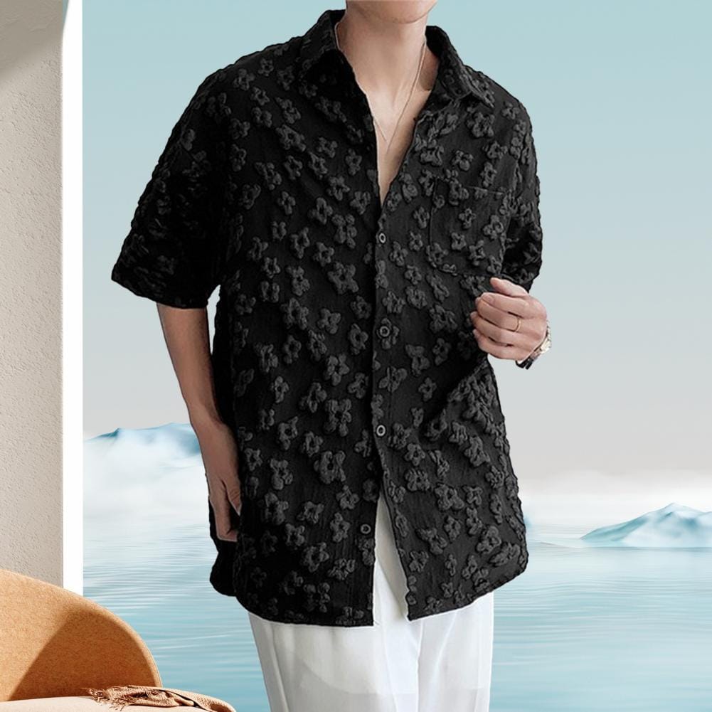 Loose Fit Men Shirt Fashionable Men Shirt Retro Style Men's Short Sleeve Shirt with Embossed Flower Pattern for Wear for Summer