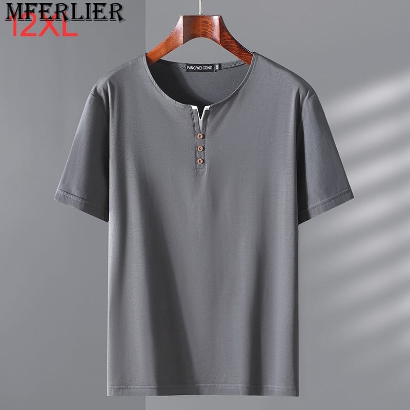 New large size men's short-sleeved T-shirt summer youth plus size half-sleeve men's tops button collar Henry Collar 12XL 11XL