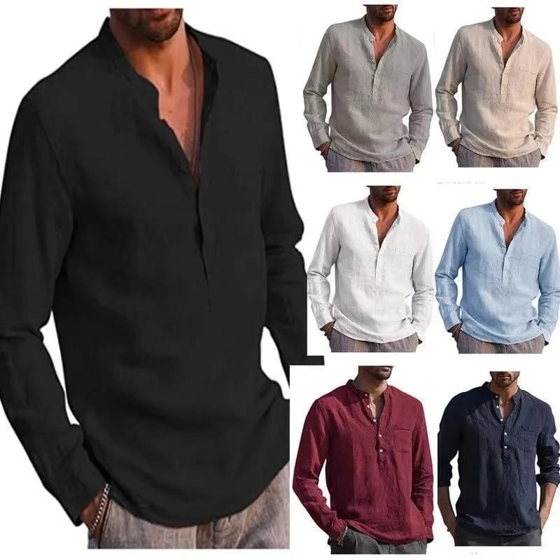 2024 Summer and Autumn New Men's Shirt Long Sleeved V-neck Casual Beach Linen Shirt