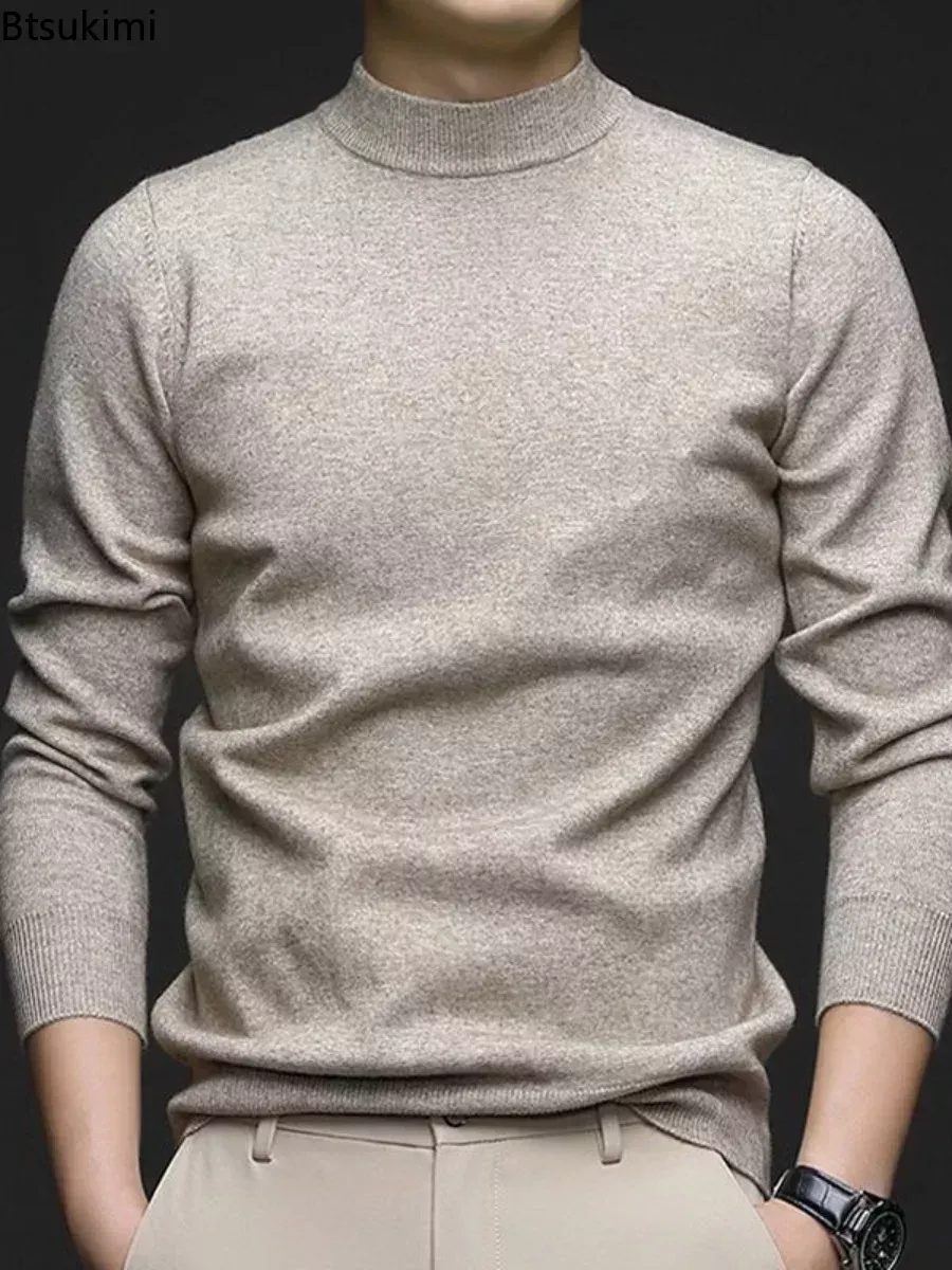 2024 Men's Thick Warm Sweater Tops Autumn Winter Keep Warm Pullover Sweater Half High Collar Wool Bottom Shirt for Men Clothes