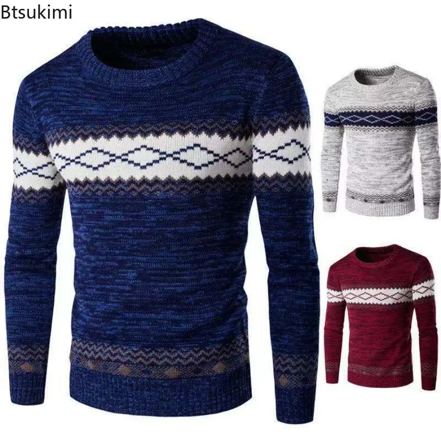 2024 Men's Contrast Color Knitted Sweater Autumn Winter Ethnic Style Slim Fit Bottom Knitted Sweater Tops for Men Casual Sweater