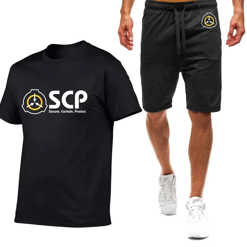 2024 Men's Scp Foundation New Summer Tracksuit Cotton Short Sleeve T Shirt Sport Breathable Tops+Shorts Two Piece Suits Clothes
