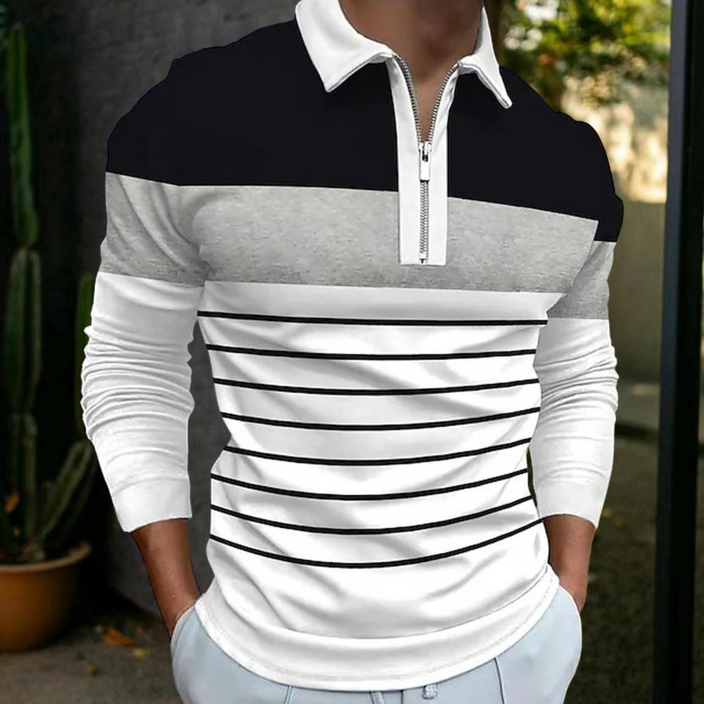 Regular Fit Men Top Men's Striped Long Sleeve Shirt with Zipper Decor Slim Fit Business Style Top for Fall Spring Soft