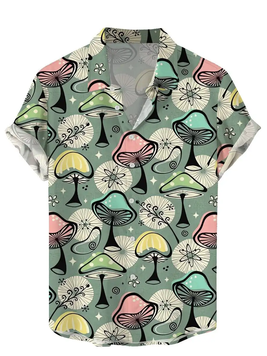 Men's Shirts color Mushrooml pattern 3D Print Tops Summer New Casual Holiday shirt Button Lapel Short Sleeves Unisex Clothing