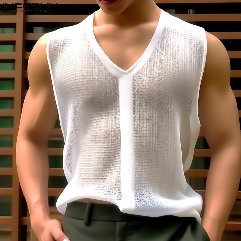 INCERUN Men's Tank Tops Solid Color V Neck Sleeveless Casual Male Vests Streetwear 2024 Transparent Summer Stylish Men Clothing