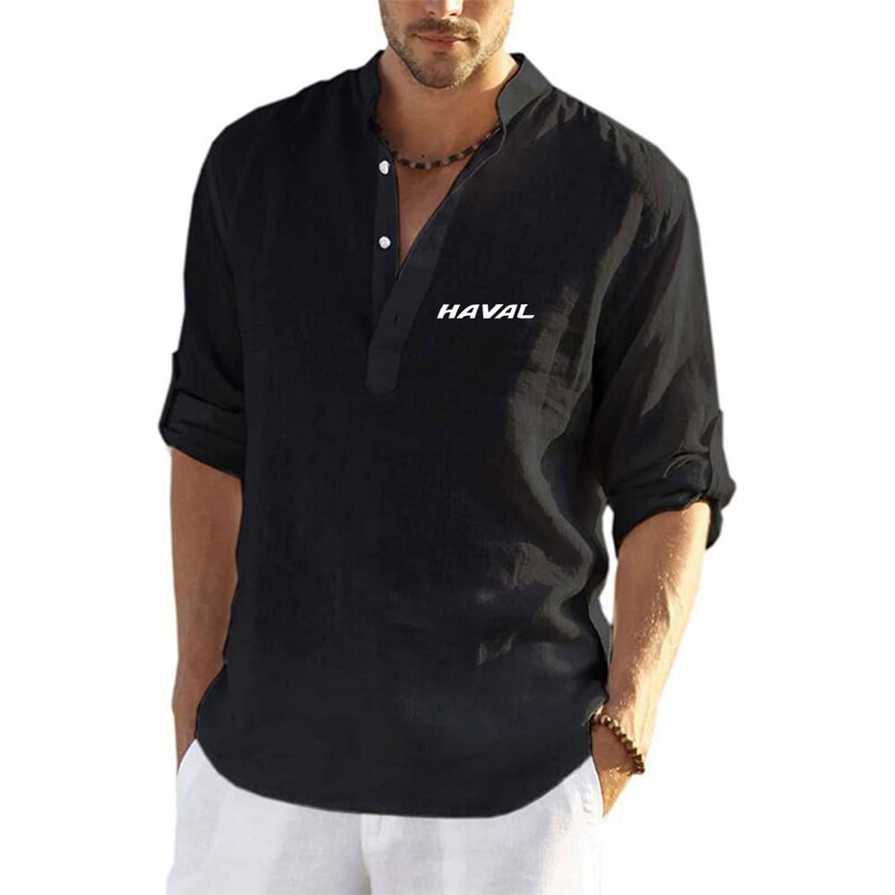 2023 New Spring Summer Men's Haval Car Logo Printed Solid Color Sports Style Half Single Breasted Stand Collar Linen Long Sleeve