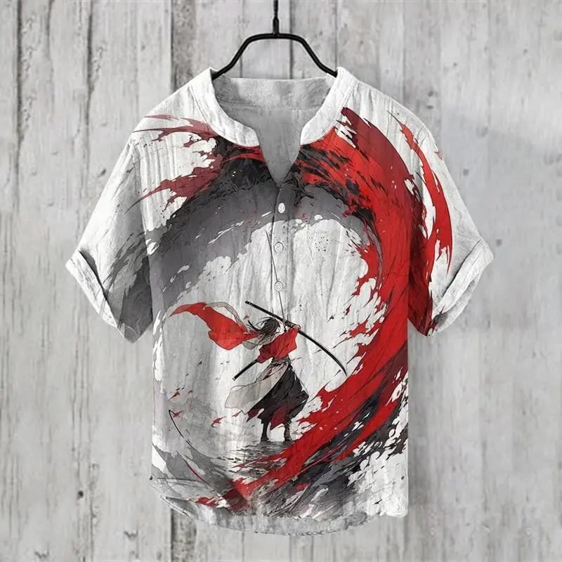 Wuxia Chinese style printed men's spring/summer casual short sleeved luxury social fashion Hawaiian shirt pullover V-neck