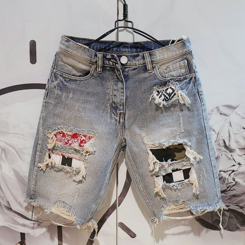 Fashion New Cowboy Designer Clothes Men's Summer Denim Knee Length Solid Shorts Straight Casual Pants Holes Patches Short Jeans