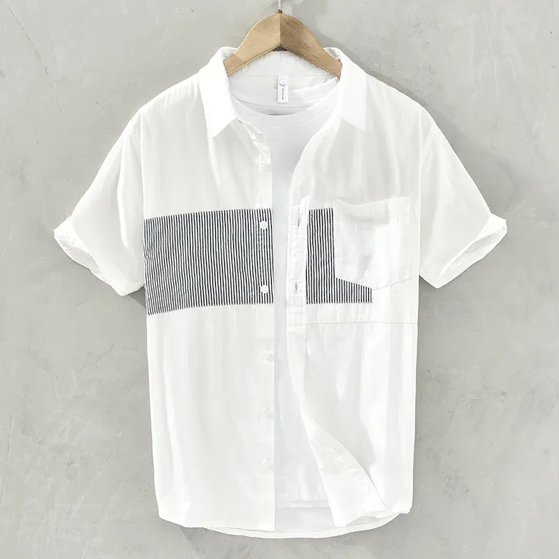 2023 Men's Fresh Summer Short Sleeve Shirt Cotton Tide Patchwork Assorted Colors Casual All-Match Shirt