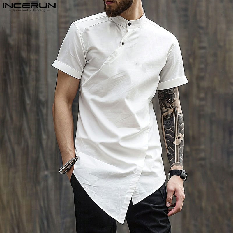 INCERUN Tops 2024 American Style Men's Fashion Slanted Placket Irregular Hem Shirts Casual Stand Neck Short Sleeved Blouse S-5XL