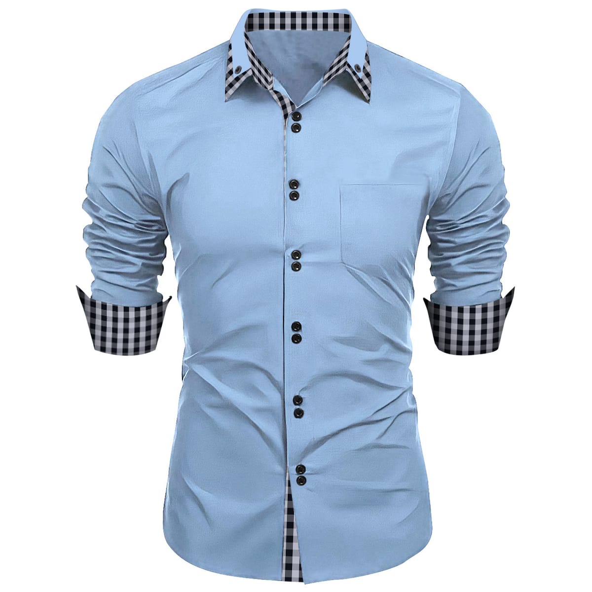 New fashion trend Spring autumn men's double button plaid color business casual slim long-sleeved shirt top