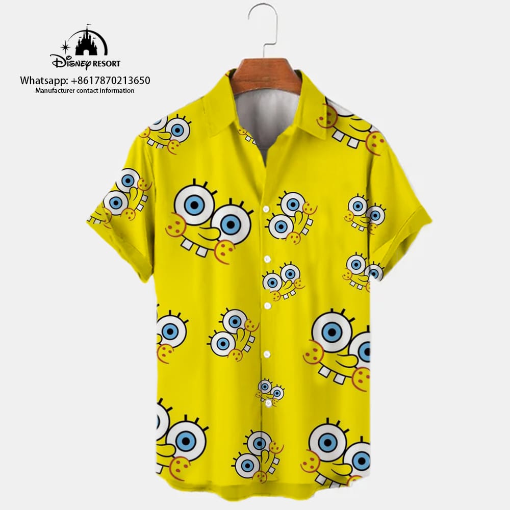 2023 Summer New Harajuku Casual Shirt Cute Spongebob Anime Street Trend Versatile Men's Lapel Short Sleeve Shirt