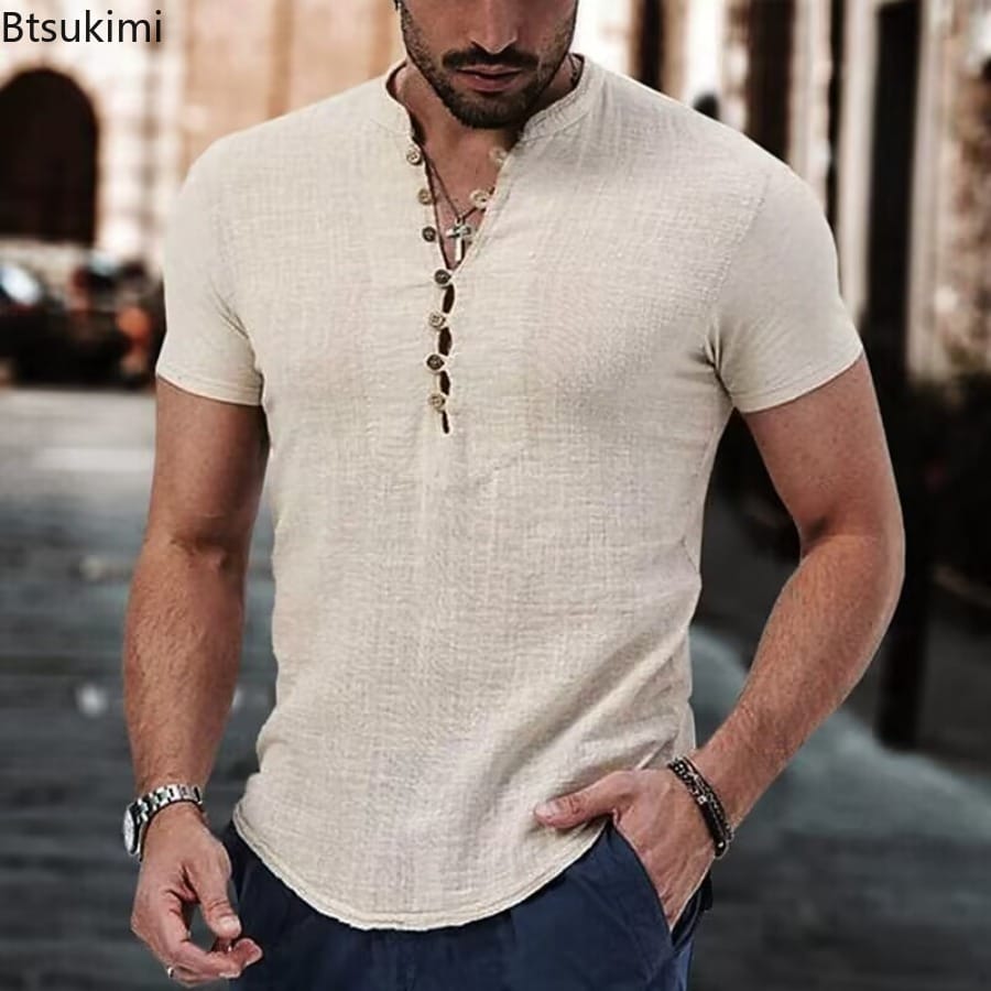 New 2024 Men's Summer Cotton Linen Short Sleeve Shirts Breathable Man Shirts Solid Casual Loose Comfortable T-Shirt for Man Tops