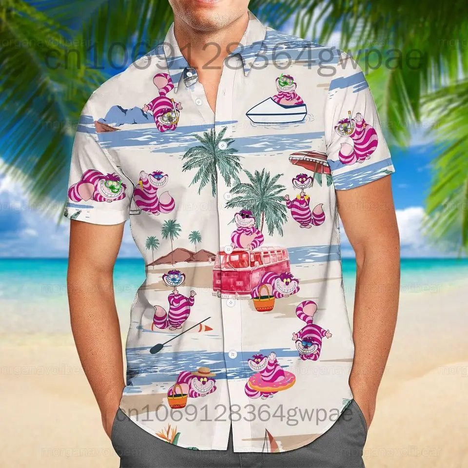 Disney Cheshire Cat Hawaiian Shirt Men's Women's Summer Casual Short Sleeve Button Down Shirt Beach Vacation Shirt Tees