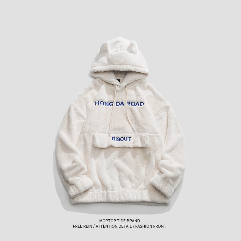 Men's Japanese Casual Lamb Velvet Hooded Sweatshirt Jacket Autumn Winter Letter Embroidery Couple Warm Loose Casual Pullover Top