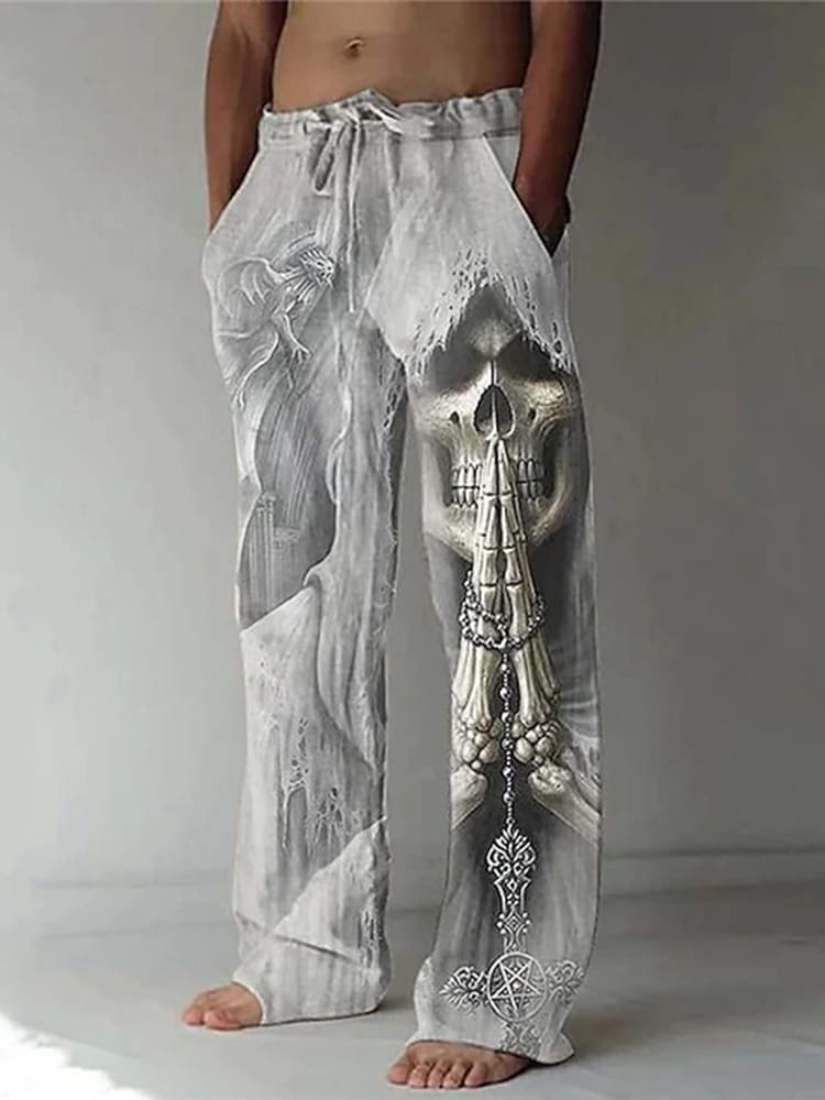 New Summer Straight Tube Pants Men's Loose Pants Drawstring Elastic Mid Waist Front Pocket Casual Pants Skull Head Printed Pants