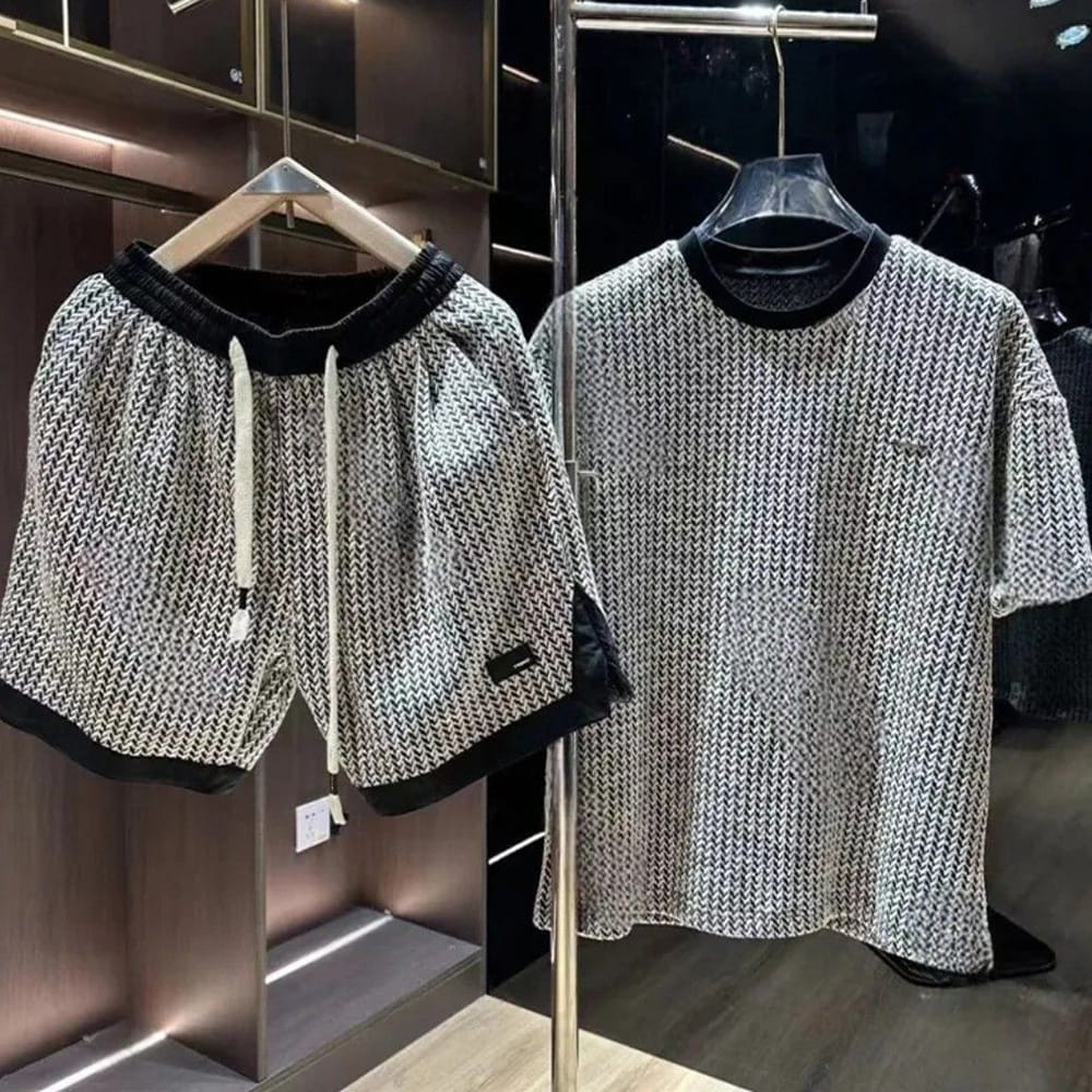 Mens Houndstooth T-Shirt Shorts Two-Piece Suit Breathable Casual Trendy Comfortable Soft Suit Men'S Clothing，Printed, not knit