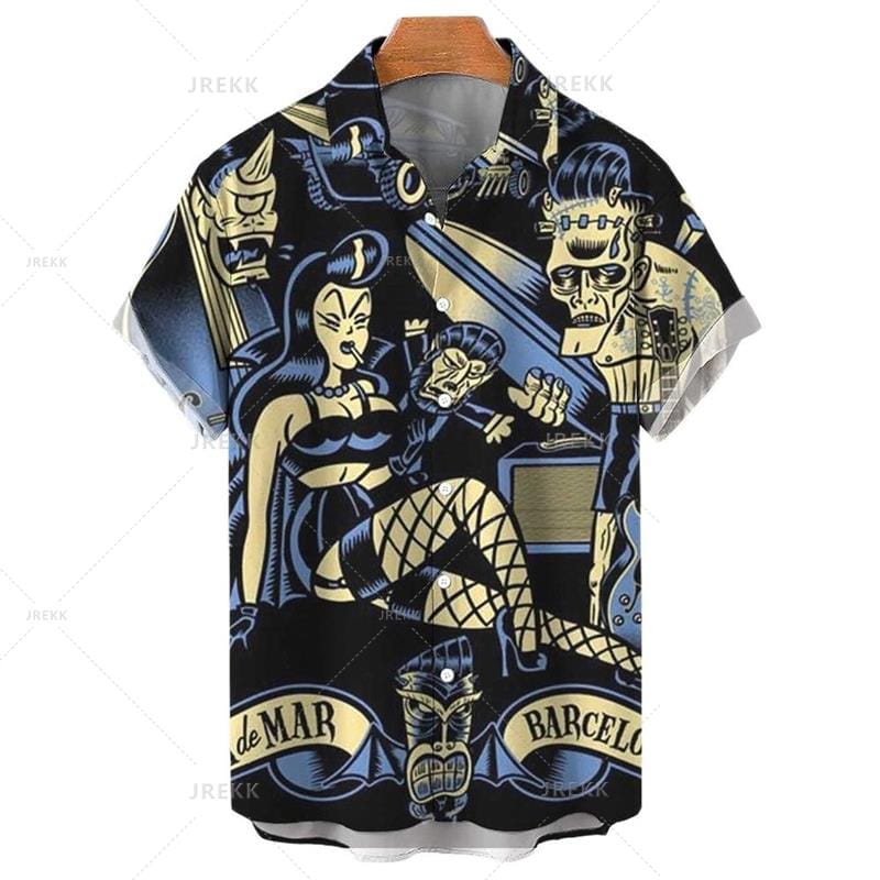 Hip Hop Vintage Print Summer Men's Shirts Casual Oversized Short Sleeve Fashion Single-Breasted Blouses Trend Tops Men Clothing