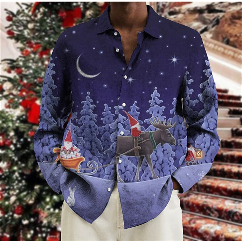 2024 New Christmas Men's Shirt Long Sleeve Tops Christmas Theme 3D Printing Holiday Party Wear Casual Men's Christmas Shirt