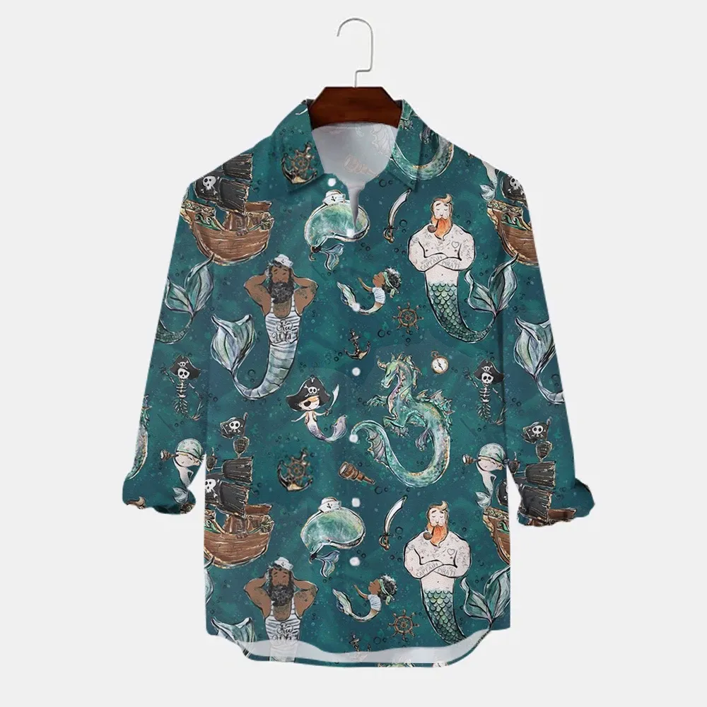 Retro Mermaid Printed Men's Shirts Men Trend Long Sleeved Shirt Autumn Street Long Sleeved Tops 2023 Loose Button Men's Clothing
