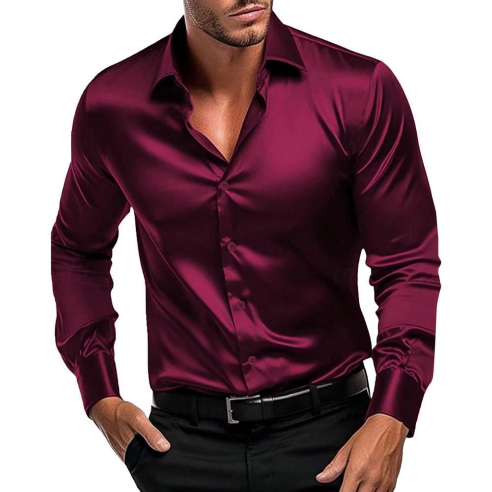 Summer Men's Shirt Long Sleeve Sleeve Shirt Party Evening Dress Holiday Top T-shirt Silk Red Golden Ceremony Top