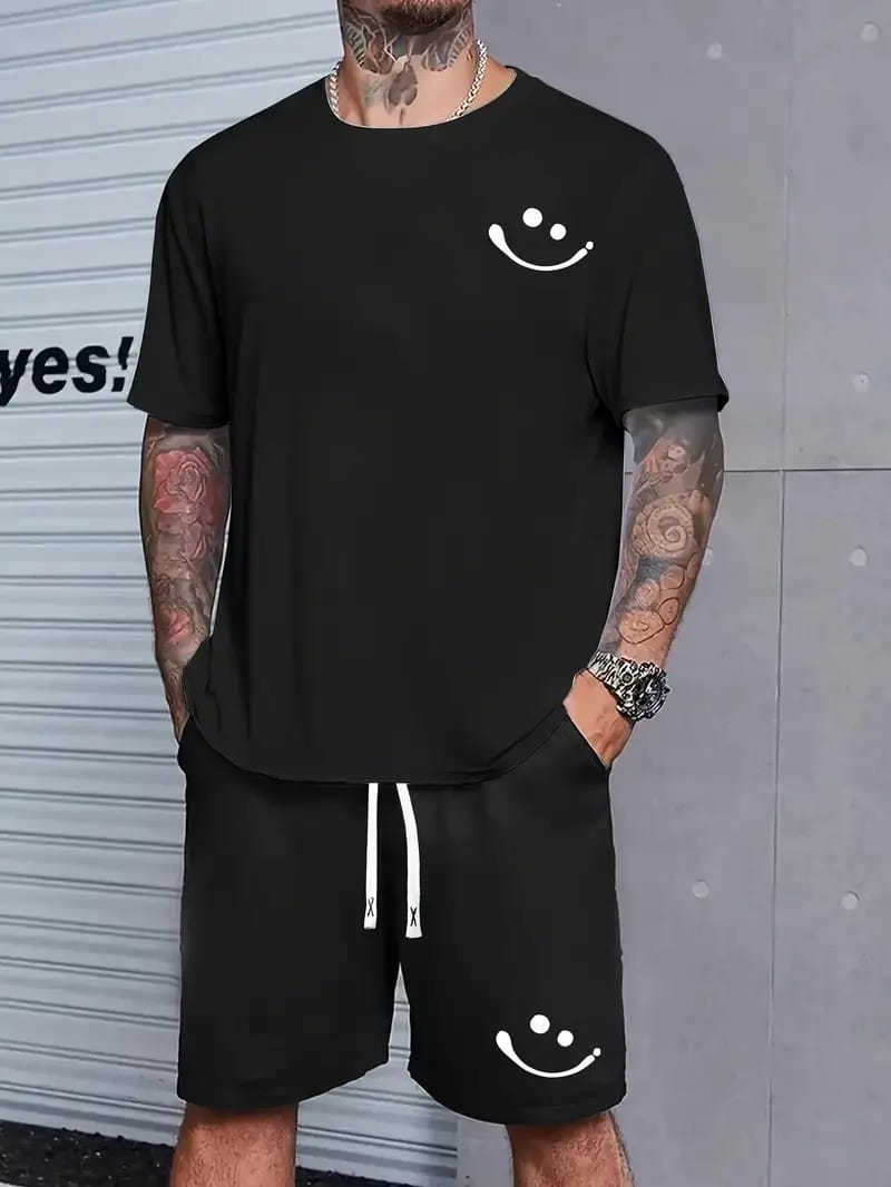 Smile Printed Short Sleeve + Shorts Men's Spring And Summer Loose Large Size Men's Suit Handsome Casual Sportswear Men's Suit
