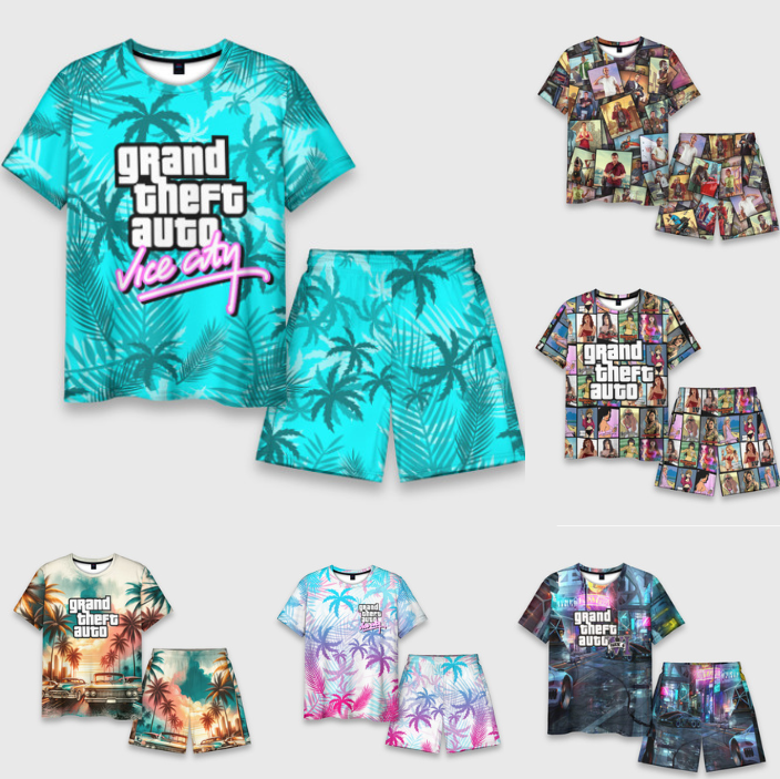 Newest Summer Beach Men's Shorts Set 3D Grand Theft Auto Vice City Print Game GTA T-Shirt Shorts 2 Pcs Suits Oversized Tracksuit