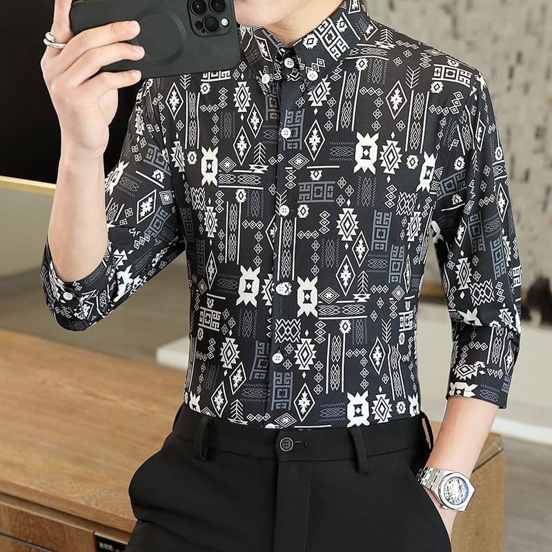 Men's fashion Ice silk slim printed mid-sleeve shirt Seven-Quarter Sleeve Business Shirt Male High quality leisure Tops teenager