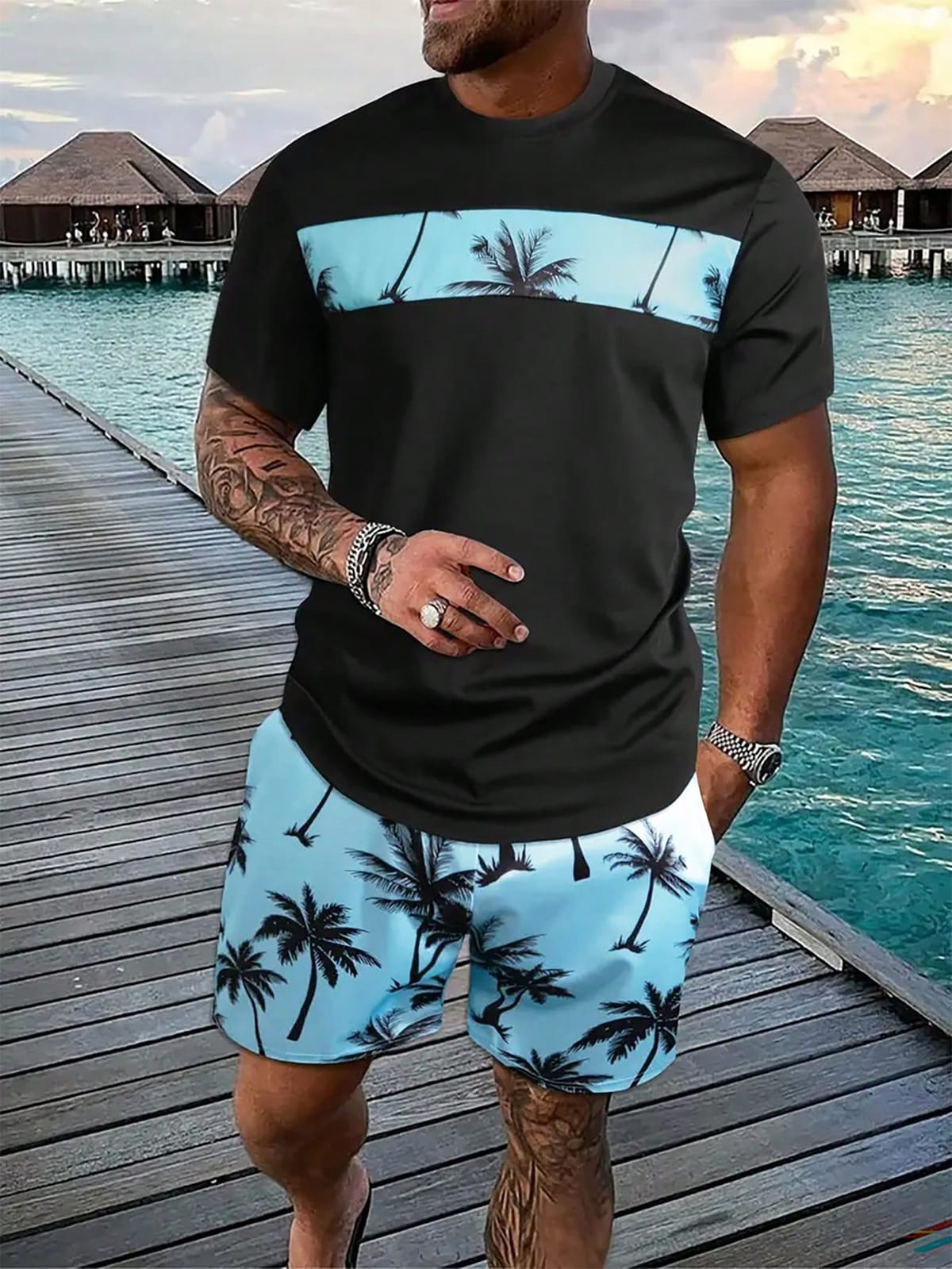 Fashion Color Matching Men's Set Two Casual and Comfortable Coconut Tree Beach Print Short Sleeve Shorts Set